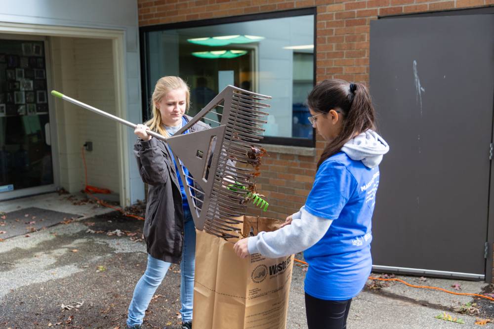 students pick up leaves